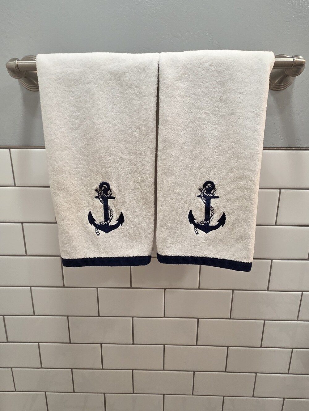 White Hand Towel Set - 2 Set - Nautical Embroidered Anchors Blue & White